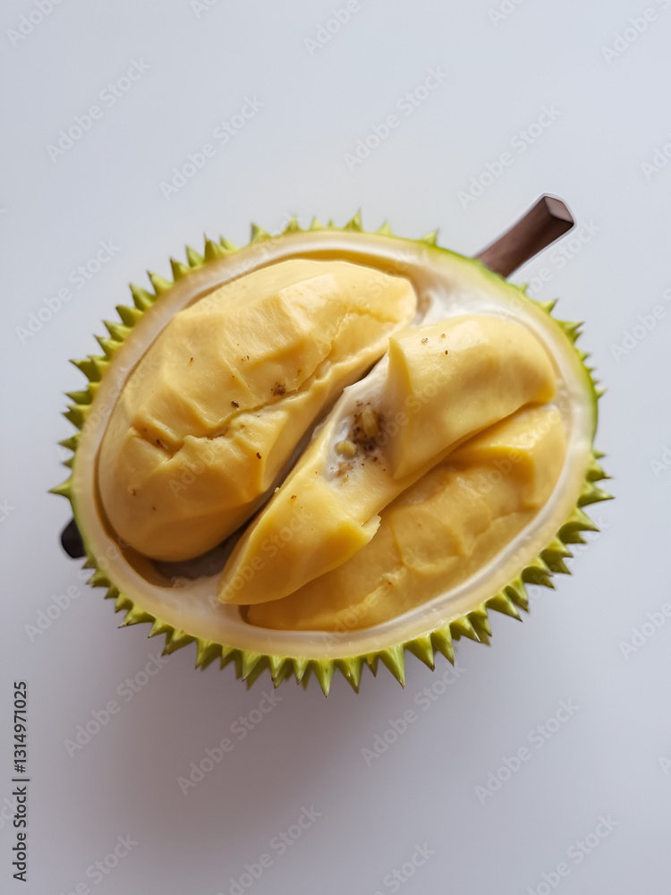 Fototapeta premium Exotic durian fruit with sections on white