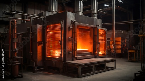 Industrial Furnace Glowing Brightly in a Manufacturing Facility During Evening Hours