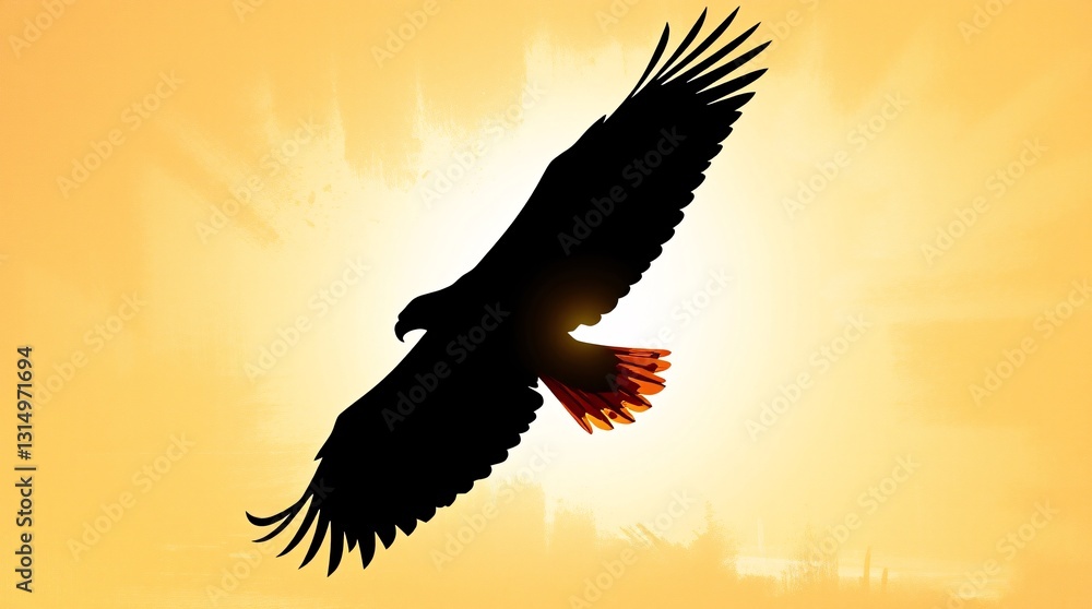 Fototapeta premium Majestic Eagle Silhouette Soaring Against a Vibrant Sun in Painterly Style