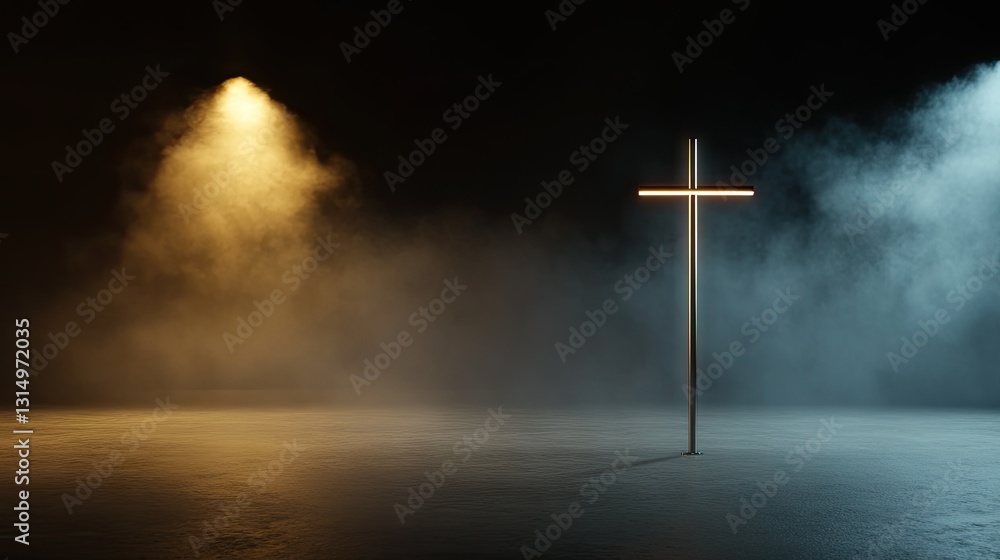 Naklejka premium Illuminated cross in a dark space with smoke and contrasting lights creates a dramatic atmosphere for reflection