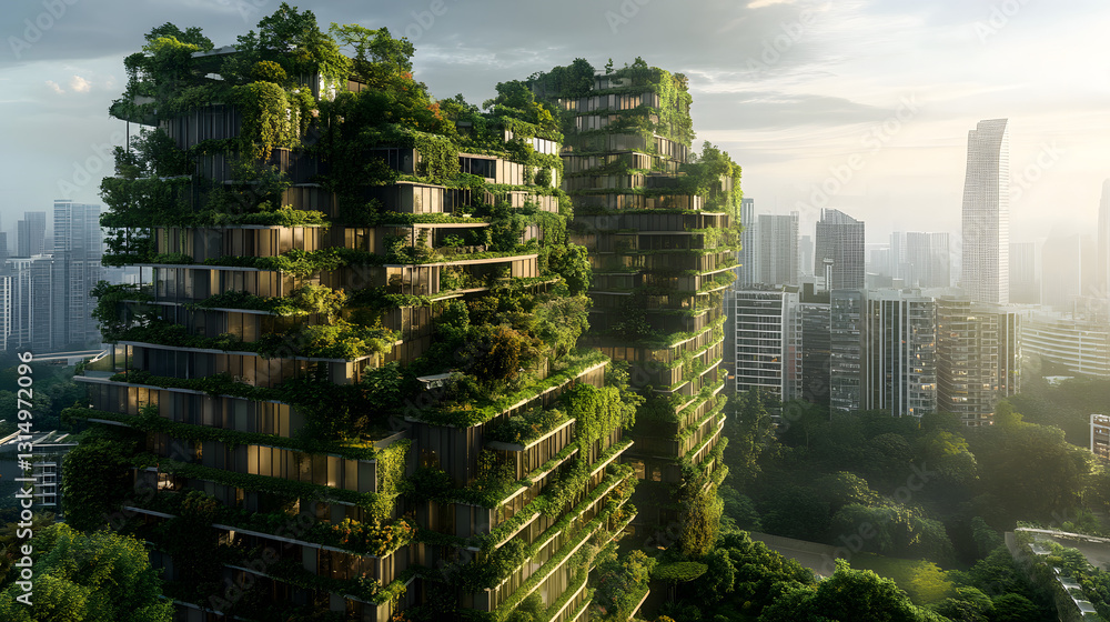Obraz premium A city powered by renewable energy and covered in green rooftops, vertical gardens, and green public spaces, where sustainability is at the core of urban life.