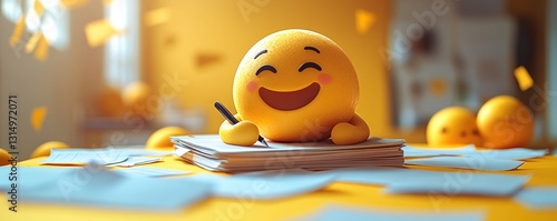 Emoji writing on a notepad, busy, surrounded by papers, yellow solid color backdrop