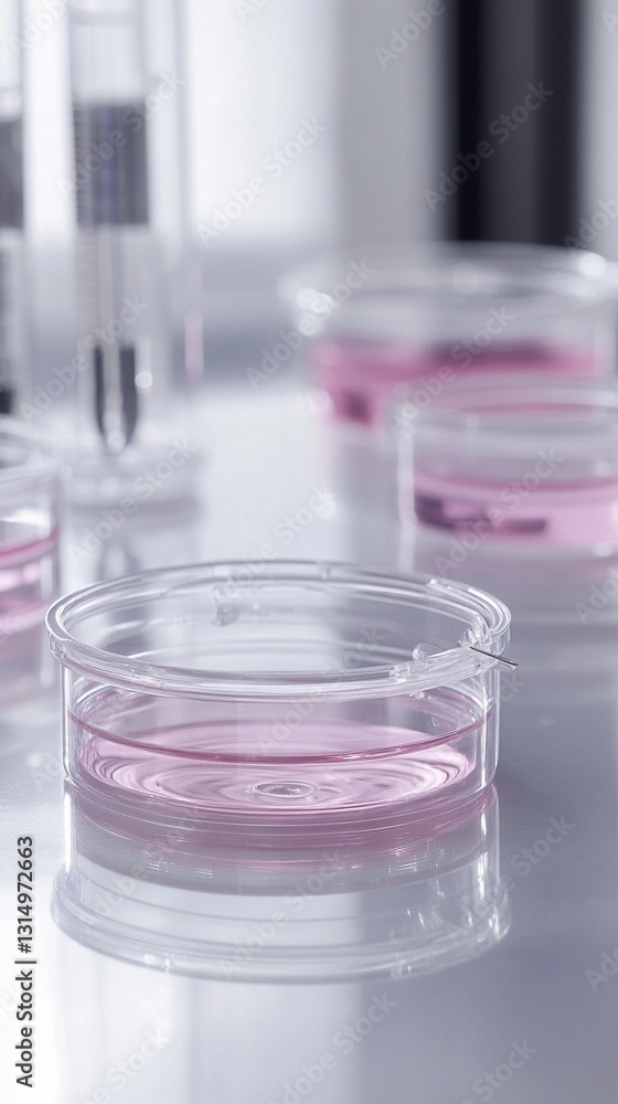 Laboratory petri dishes filled with pink liquid sit on a reflective surface, creating a serene and focused atmosphere for scientific experimentation and research. Laboratory petri dishes filled with pink liquid sit on a reflective surface, creating a serene and focused atmosphere for scientific experimentation and research.
