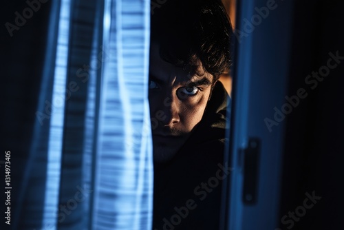 Nighttime Intruder: A Stealthy Thief Maneuvering Through Home Shadows