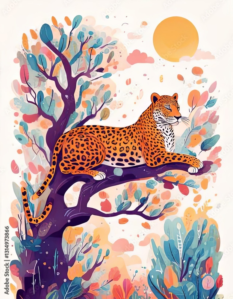 Obraz premium A beautifully illustrated stylized depiction of a leopard resting on a tree branch, surrounded by vibrant botanical elements in warm autumn hues.