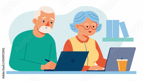 An elderly couple collaborating on a document together utilizing the computer skills they learned to stay connected and continue learning together.. Vector illustration