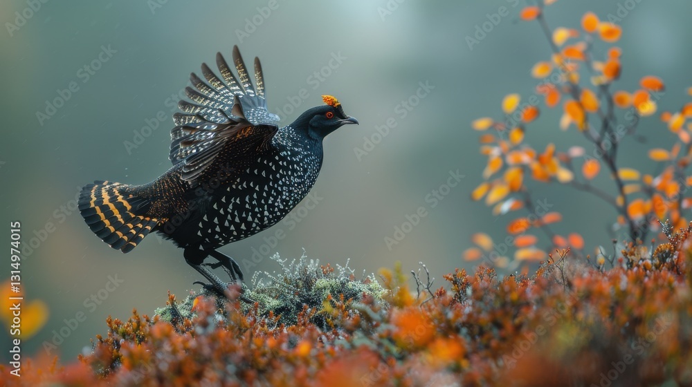 Obraz premium Speckled bird taking flight amidst autumn foliage. A vibrant scene of nature's beauty.