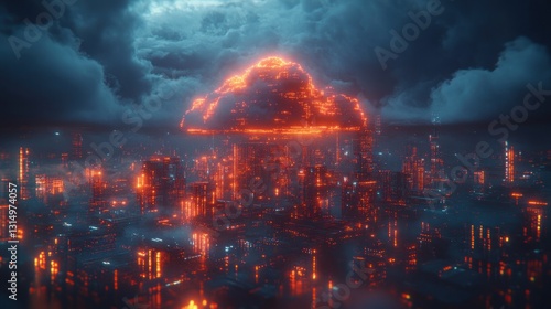 Futuristic city under a fiery cloud