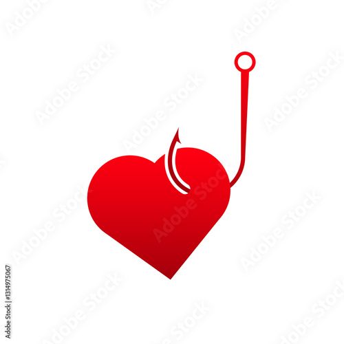 Red heart with a hook design represents love, attraction, and temptation in bold graphic style.