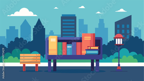 In a bustling downtown area a book exchange box is situated on a bench providing a peaceful reading spot amidst the noise of the city.. Vector illustration