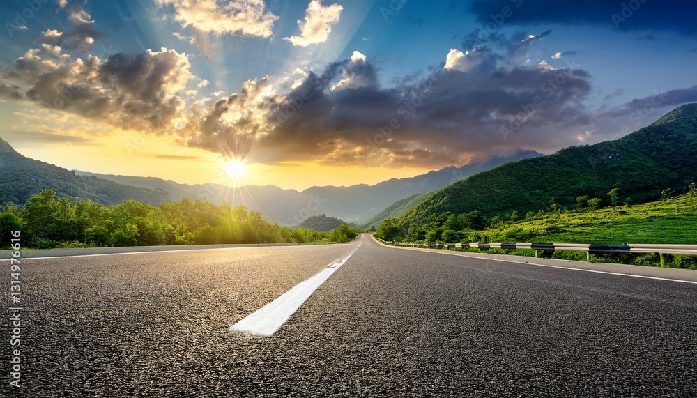 Fototapeta premium sunrise over an asphalt road with verdant mountains and clouds in the sky