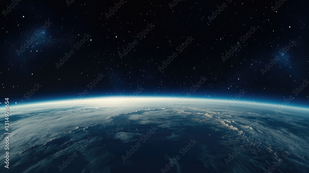 View of Earth from space at dawn with a dark sky filled with stars and a bright blue horizon creating a peaceful yet awe-inspiring atmosphere View of Earth from space at dawn with a dark sky filled with stars and a bright blue horizon creating a peaceful yet awe-inspiring atmosphere