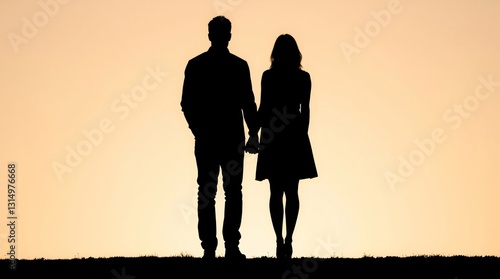 Romantic Silhouette of Couple Holding Hands, Minimalist Line Art on Neutral Background