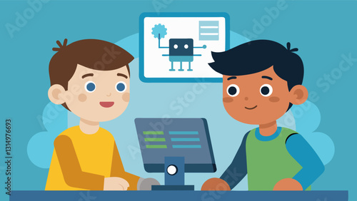 Two young boys sit huddled over a computer screen earnestly coding commands for their small selfmade robot to follow.. Vector illustration