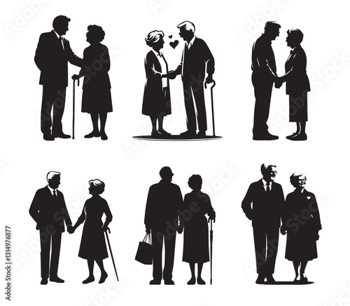 Elderly couple silhouettes vector illustration. love, care, and support in aging relationships