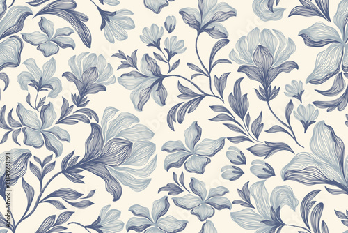 Vintage floral ethnic tapestry modern embroidery texture boho design vector illustration hand drawn silhouette indigo blue flower motif branches leaves wallpaper seamless background border.