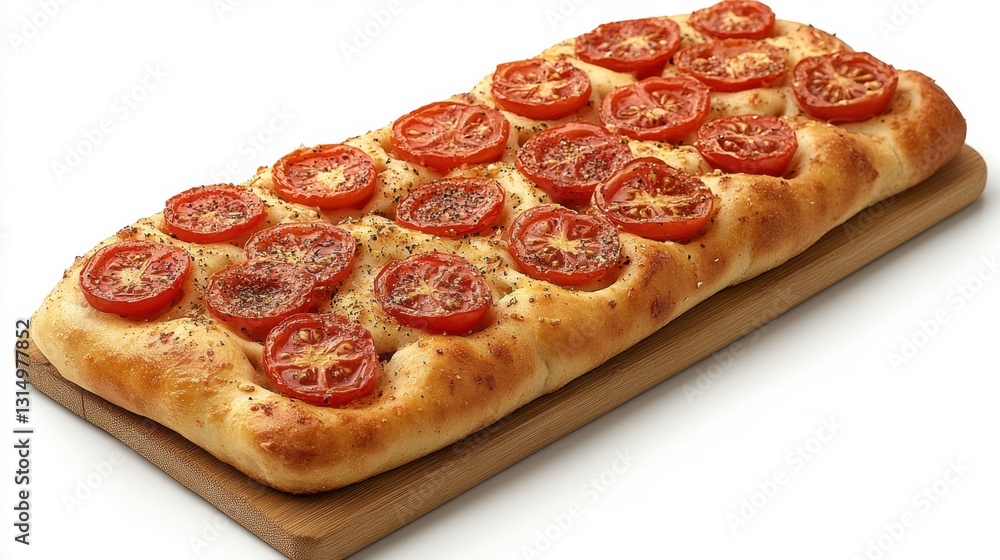 Rustic tomato focaccia bread on wooden board with vibrant tomatoes and herbs in warm light capturing Italian culinary tradition Rustic tomato focaccia bread on wooden board with vibrant tomatoes and herbs in warm light capturing Italian culinary tradition