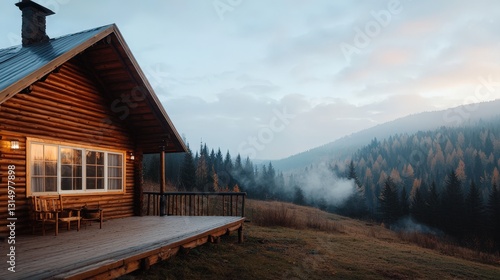 Wallpaper Mural Cozy wooden cabin on a serene mountain morning with mist and forest backdrop Torontodigital.ca