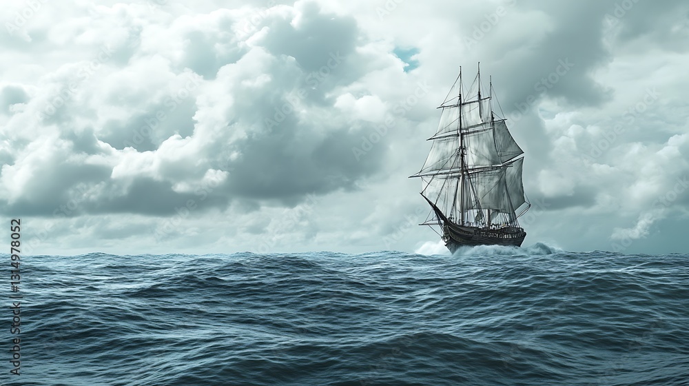 Fototapeta premium Classic sailing ship navigating stormy ocean under dramatic cloudy sky.