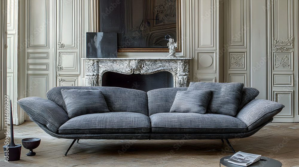 Fototapeta premium Modern gray sofa in elegant Parisian apartment, fireplace background; home decor, interior design