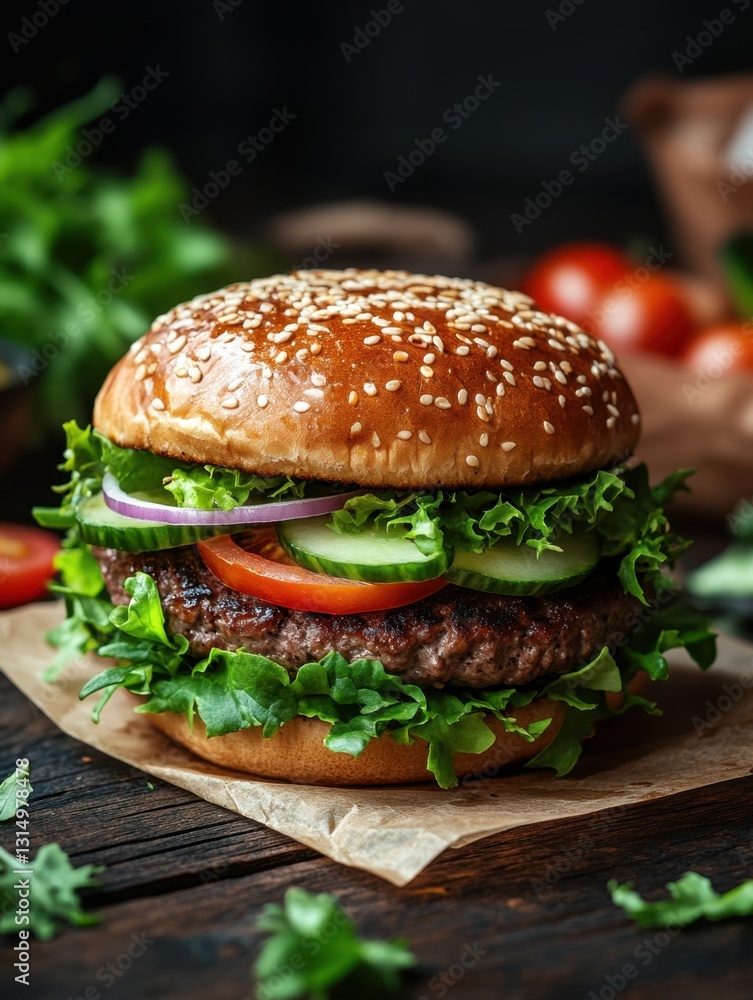 Appetizing gourmet hamburger with fresh vegetables on rustic wooden table a culinary delight in dark light Appetizing gourmet hamburger with fresh vegetables on rustic wooden table a culinary delight in dark light