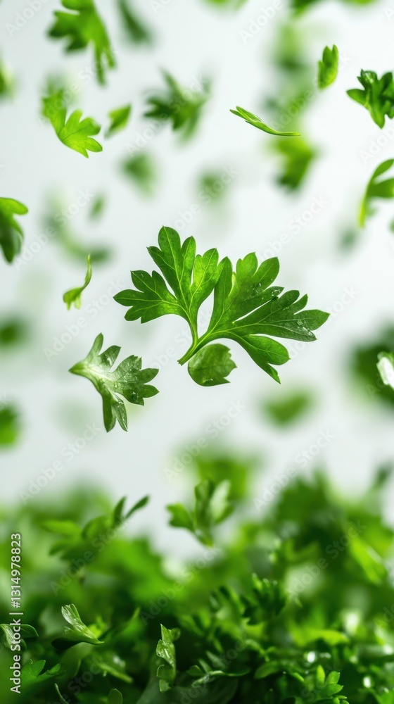 Fresh parsley leaves falling against a bright background creating a vibrant and dynamic food photography scene with a clean and modern aesthetic Fresh parsley leaves falling against a bright background creating a vibrant and dynamic food photography scene with a clean and modern aesthetic