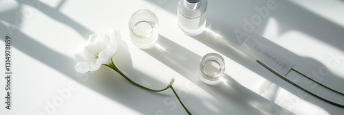 A contemporary flat lay composition with small glass vials, a lone white flower, and a blotter strip set on a pristine white background. photo