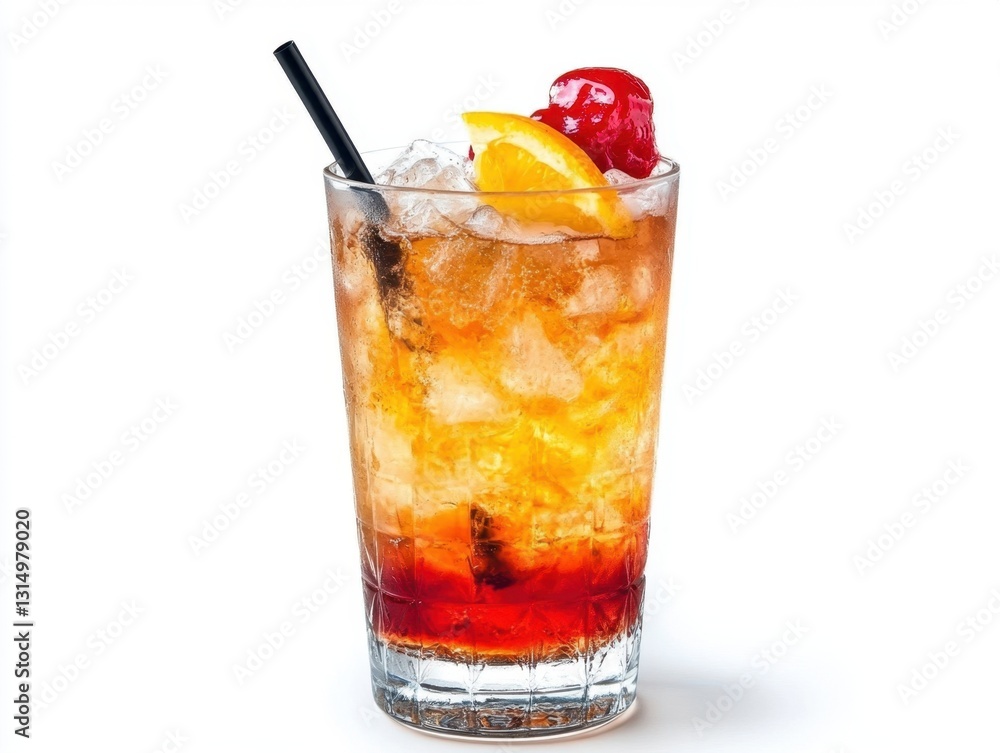 Refreshing summer cocktail with orange slice and cherry garnish on white background studio shot Refreshing summer cocktail with orange slice and cherry garnish on white background studio shot
