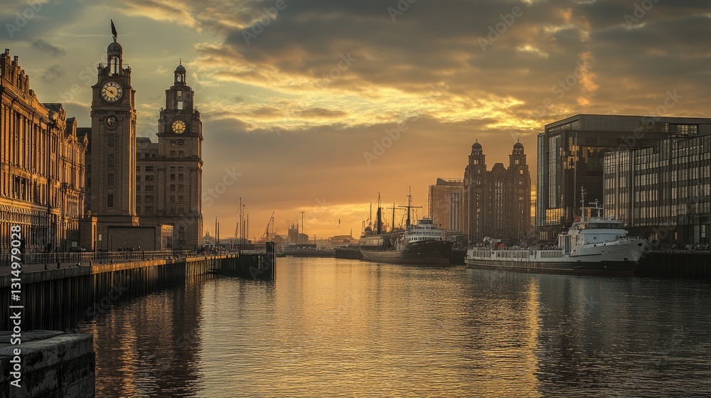Fototapeta premium Liverpool: Timeless Coastal Port with Historic Warehouses and Ships in Britain