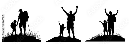 Set of pictures where father and child stand triumphantly on mountain, victory reflected in their raised arms. Victory fuels confidence and bonds generations.Victory and generational bonding concept