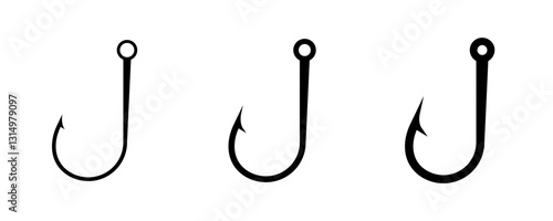 Three distinct fishing hooks are shown, differing in size and showcasing their unique shapes.