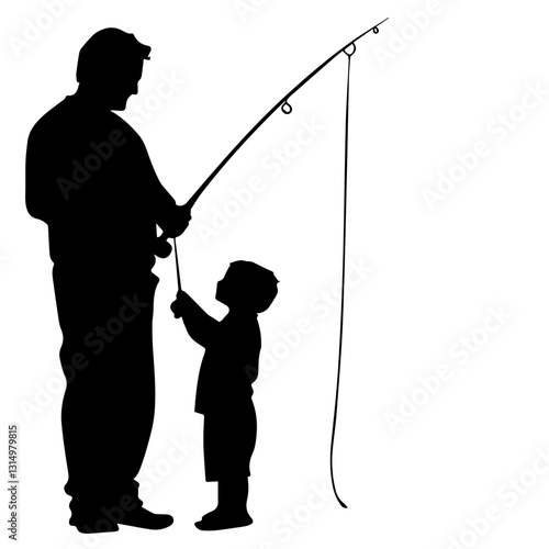 Father patiently teaches his son how to fish, teaching valuable life lessons. Teaching patience, responsibility, and traditions that last lifetime. Teaching and generational bonding concept