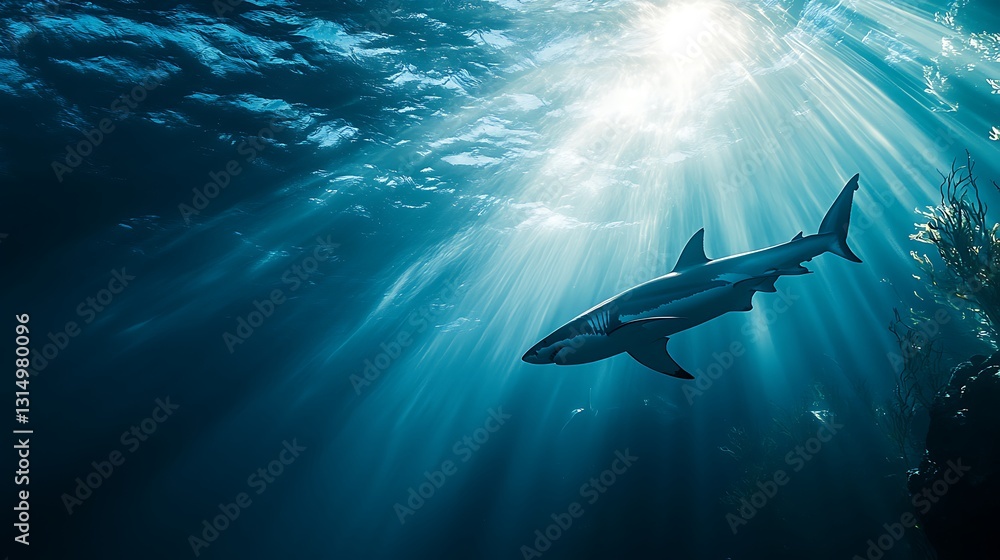 Obraz premium Majestic shark silhouetted against sunbeams penetrating the ocean surface.
