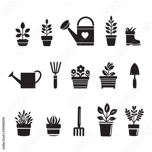 Houseplants icons. Potted plants and gardening tools. Line icon set . vector illustration