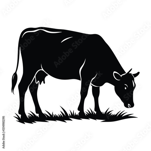 Cow Grazing with Head Lowered Toward Grass Silhouette on White Background