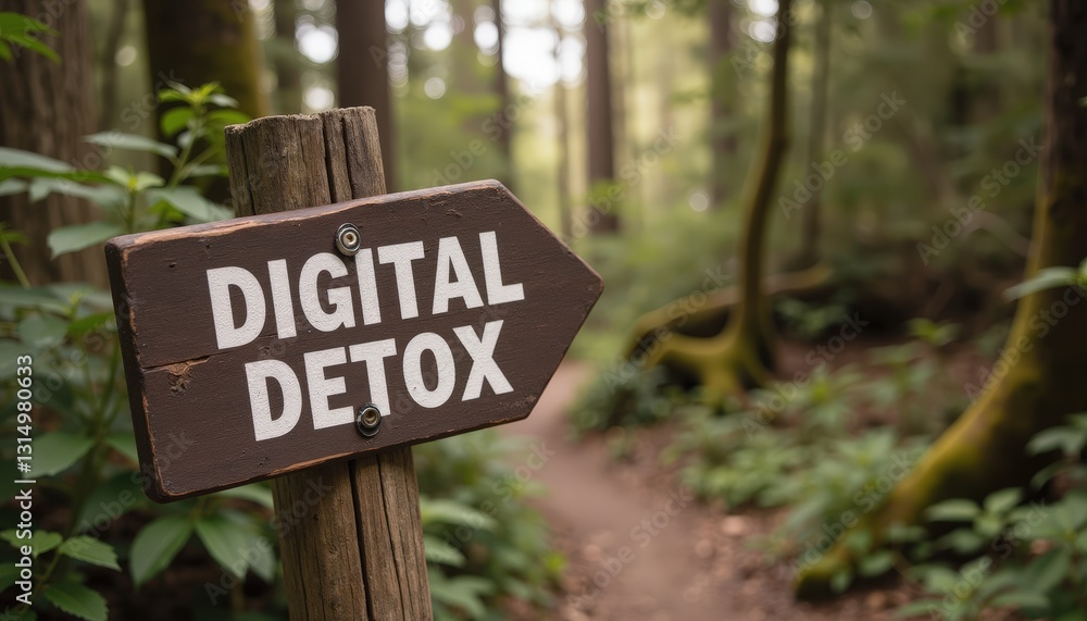 wooden sign pointing to digital detox trail in a serene forest setting wooden sign pointing to digital detox trail in a serene forest setting