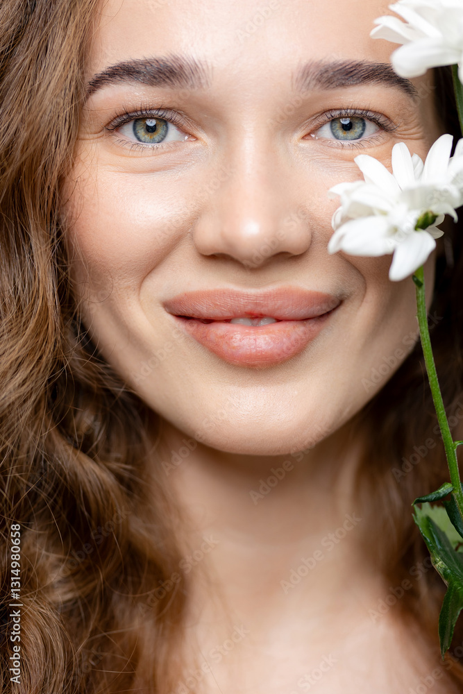 Happy young woman, flowers and studio headshot with smile for beauty, wellness or skincare with spring aesthetic Happy young woman, flowers and studio headshot with smile for beauty, wellness or skincare with spring aesthetic
