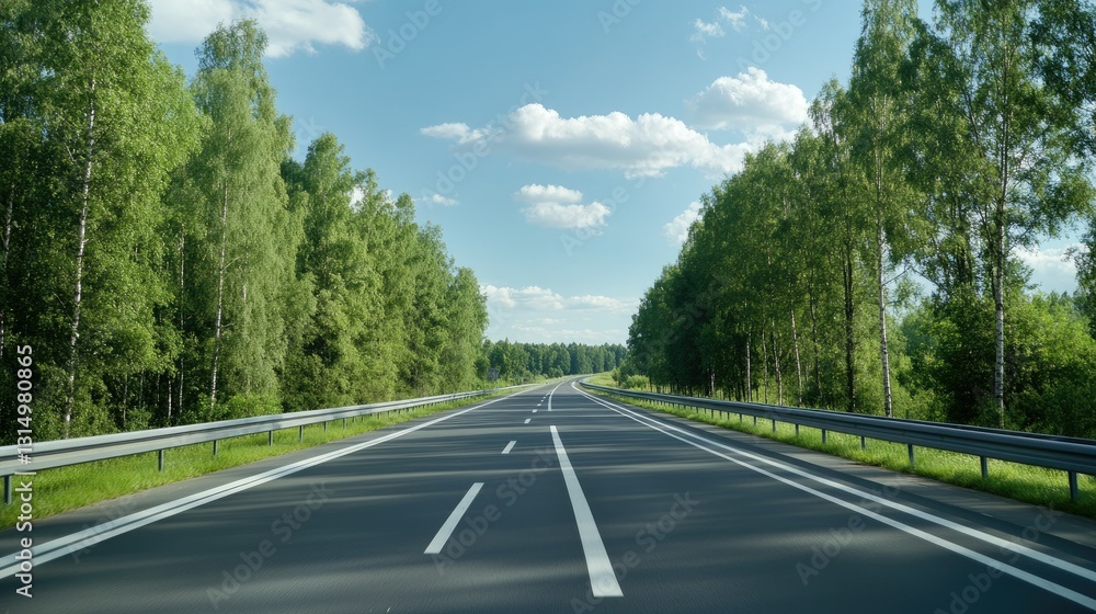 Obraz premium Scenic view of an empty highway lined with lush trees under a clear blue sky in a rural area during daytime