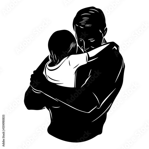 Father holds his daughter tightly, sorrow reflected in his embrace. Sorrow lingers in memories and brings deep reflection.  Sorrow and remembrance concept