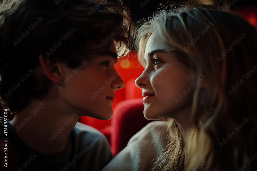 First romantic date At The Cinema, Young Couple Enjoying A Movie Together, Generative AI First romantic date At The Cinema, Young Couple Enjoying A Movie Together, Generative AI