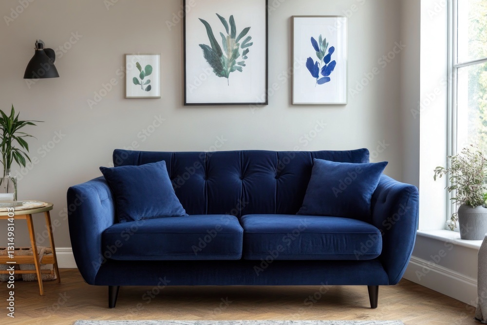 Blue velvet sofa in modern living room. Blue velvet sofa in modern living room.