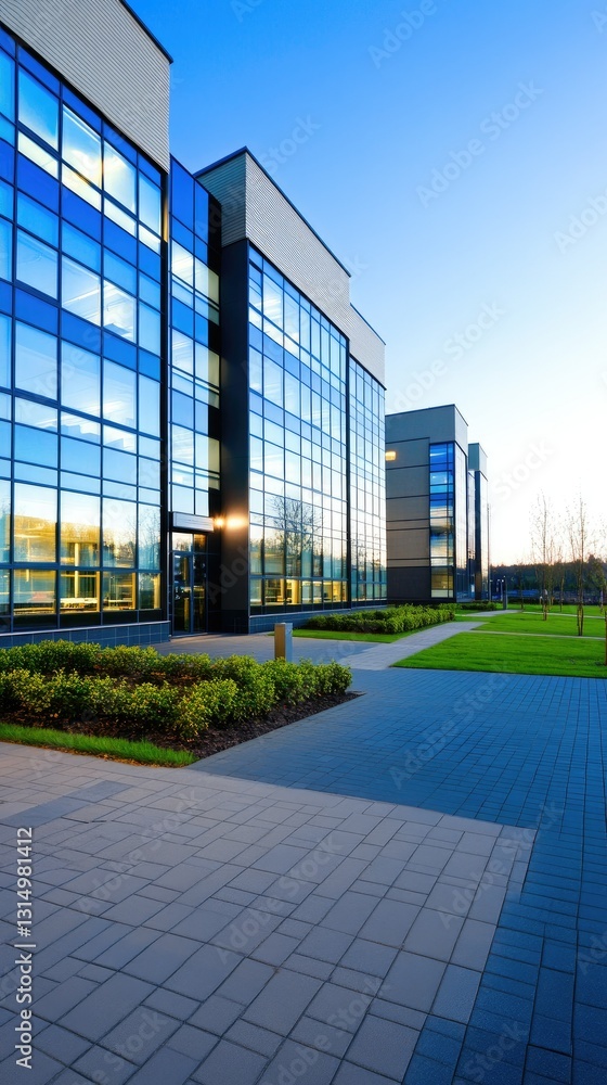 Fototapeta premium Contemporary office skyscrapers gleam as they reflect the vibrant blue sky and surrounding greenery in a bustling business district during the early evening hours