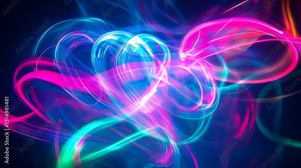 Abstract swirling neon light trails in vibrant pink, teal, and blue hues on a dark background. Abstract swirling neon light trails in vibrant pink, teal, and blue hues on a dark background.