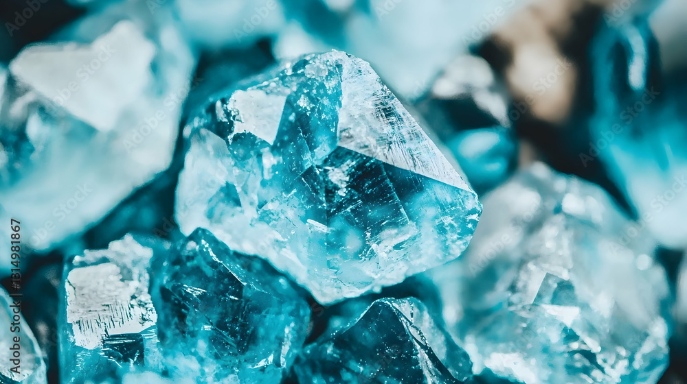 Obraz premium Teal blue crystals close-up, macro shot, sparkling facets, textured background; ideal for jewelry, science, or tech visuals