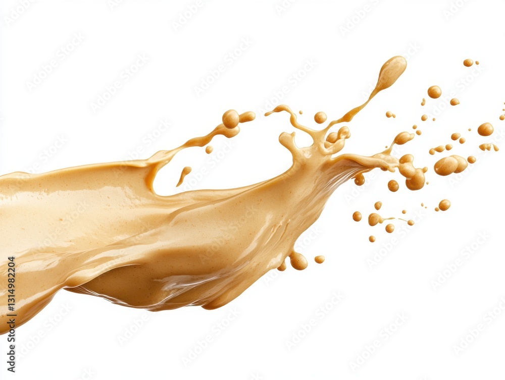 Fototapeta premium Dynamic caramel liquid splash against white backdrop captures smooth texture and motion in studio shot