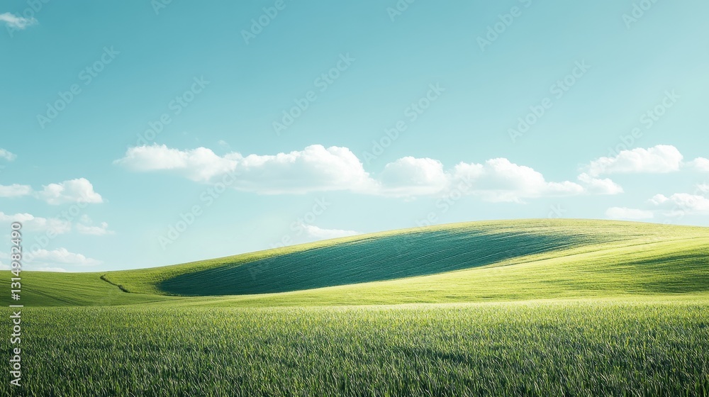 Fototapeta premium Serene Green Landscape Under Bright Blue Sky with Soft Clouds