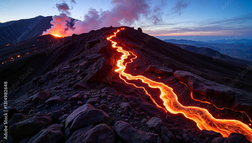 Glowing lava stream flowing down mountain at dawn, natural beauty Glowing lava stream flowing down mountain at dawn, natural beauty