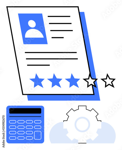 Resume document with profile photo and rating stars, gear icon, and calculator. Ideal for recruitment, productivity, career growth, self-assessment, decision-making, performance tracking flat simple
