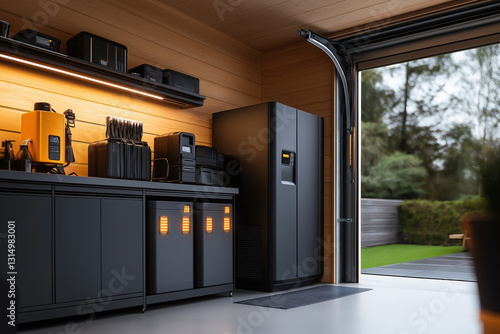 Modern kitchen setup in a sleek garage with appliances and a spacious outdoor view