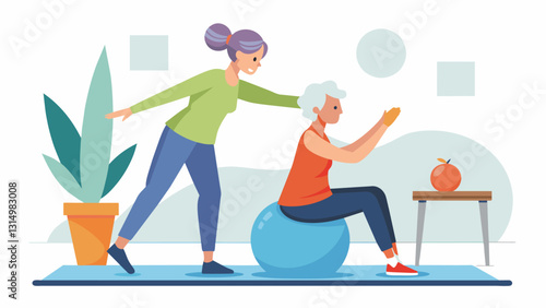 A senior performing stretches on a balance ball with the guidance of their physical the to improve their range of motion.. Vector illustration